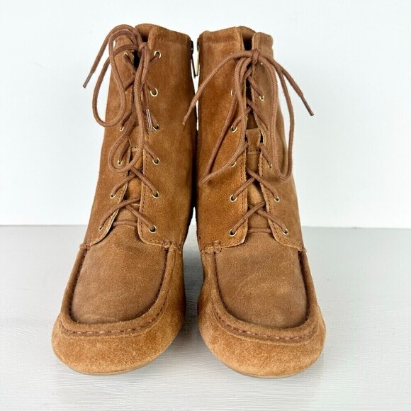 Michael Kors Lace Up Wedge Suede Leather Booties Brown Women's Size 10 - Picture 4 of 8